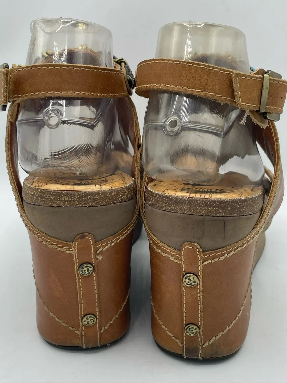 OTBT Layover Brown Leather Wedge Sandals with Turquoise and Metal Stone Accents.